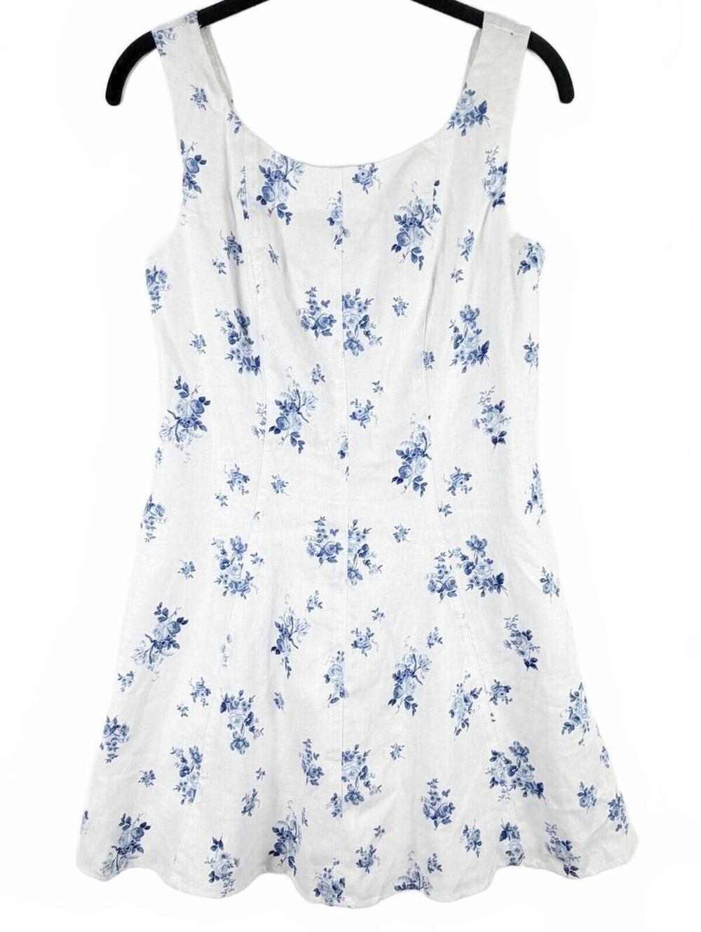 NEW Reformation Amorette Linen Mini Dress Blue White Floral Delicacy Size‎ 0
